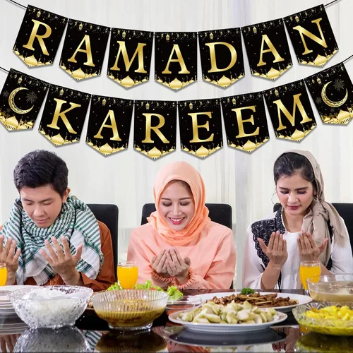 Miniatura 4 de Cartel de Ramadán Mubarak para decoración de fiesta, linterna de luna negra dorada y negra, banderines colgantes de Ramadán Kareem, suministros