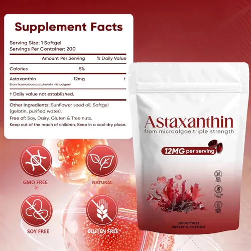 Miniatura 7 de Astaxantina 12 mg, suplementos antioxidantes de astaxantina para inmune, ojos, soporte de piel, sin OMG y sin gluten, 200 cápsulas blandas