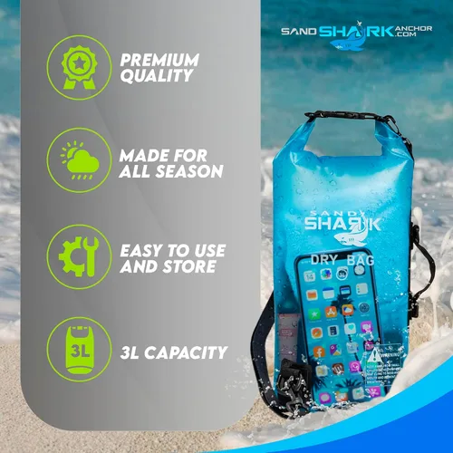 Miniatura 5 de SandShark Bolsa seca impermeable de 3 litros – Bolsa de playa con funda transparente para teléfono, bolsa enrollable para canotaje, rafting