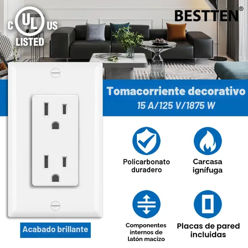 Miniatura 2 de BESTTEN Paquete de 20 tomas de corriente decoradora de pared de 15 amperios, no resistente a manipulaciones, placa de pared incluida