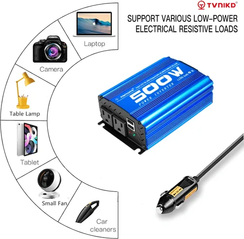 Miniatura 4 de Inversor de corriente para automóvil, tasa de inversor de 500 W/pico de 1000 W DC12V a CA 110 V RV inversor con 2 salidas de CA y 2 puertos USB
