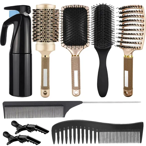 Miniatura 6 de Juego de 8 cepillos de pelo rizado, cepillos para el cabello para mujer, cepillo redondo para secar con soplado, cepillo de pala, apto para Negro