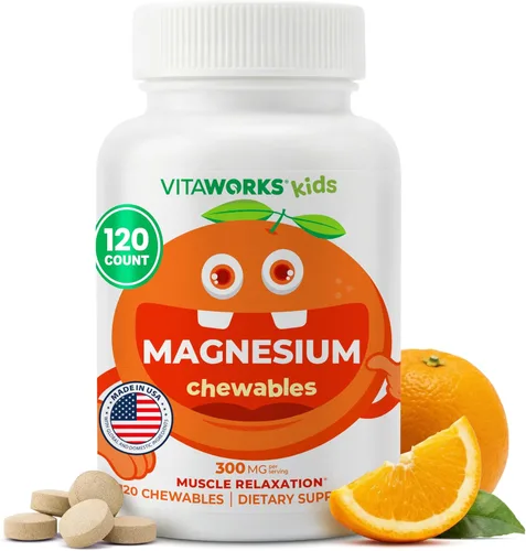 VitaWorks Tabletas masticables de magnesio para niños, suplemento de óxido de magnesio de 300 mg para relajación muscular y sueño, sabor naranja,