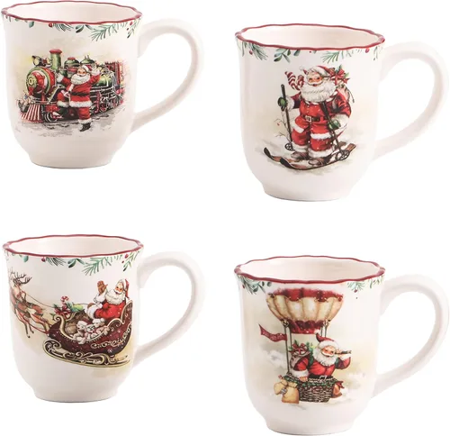 Bico Santa on the Way Juego de 4 Tazas de Cerámica, Tazas de Café Navideñas, Tazas de 16 oz para Té, Cacao o Bebidas Calientes, Aptas para Santa en