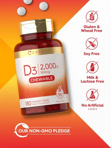 Miniatura 5 de Carlyle Tabletas masticables de vitamina D3 de 2000 UI (50 mcg) 180 unidades Sabor a bayas Vegetariano, sin OMG y sin gluten