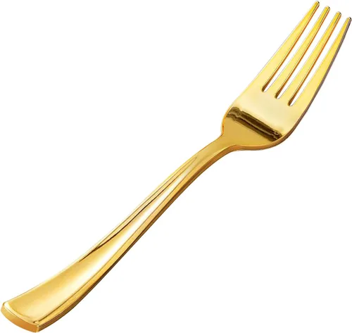 Goodluck Paquete de 50 tenedores de plástico dorados, tenedores resistentes, desechables, cubiertos de plástico perfectos para bodas, fiestas, cenas
