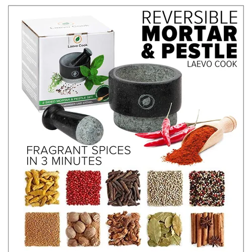 Miniatura 6 de Laevo Juego grande de mortero y mortero - Molinillo de especias de piedra de granito negro, capacidad de 2.1 tazas, 5.5 pulgadas - Molcajete Mármol