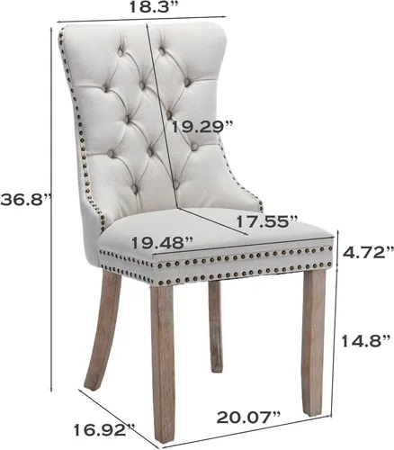 Miniatura 6 de SoarFlash Juego de 4 sillas de comedor de tela de lino, sillas de comedor tapizadas acolchadas con ribete de tachuelas y patas de madera maciza