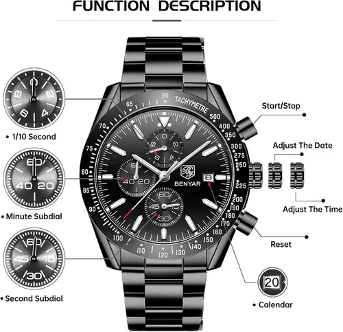 Miniatura 3 de BY BENYAR Relojes para hombre, cronógrafo, analógico, movimiento de cuarzo, elegante, deportivo, reloj de pulsera de diseñador 30M, impermeable