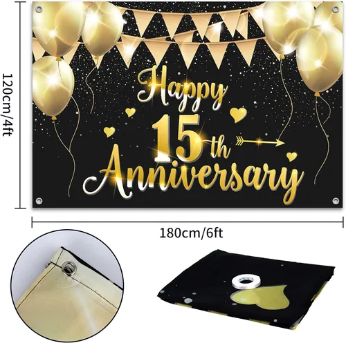 Miniatura 2 de HAMIGAR Fondo de pancarta de feliz 15 aniversario de 6 x 4 pies, 15 decoraciones de aniversario de boda, suministros para fiestas, color negro