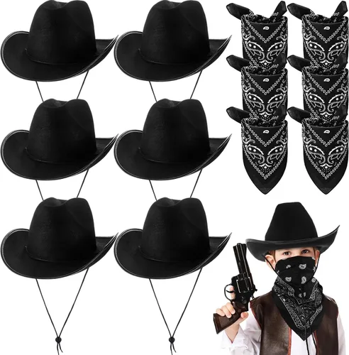 Unittype Juego de 12 sombreros de vaquero para niños, sombrero de vaquera occidental y bandanas de poliéster para niños y niñas, disfraces de