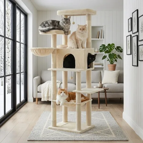 Miniatura 11 de PAWZ Road Árbol Grande para Gatos, Torre de Madera para Gatos de 73 Pulgadas de Alto con 2 Hamacas Espaciosas, 2 Camas Superiores Grandes, 8 Postes