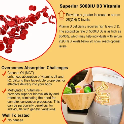 Miniatura 5 de Vitamina D3 5000IU + K2 (MK-7) 120mcg, sin azúcar, vitamina D3 K2 Gomitas rellenas con complejo de vitamina B - Metil B12, B9, B6 Vitamina E
