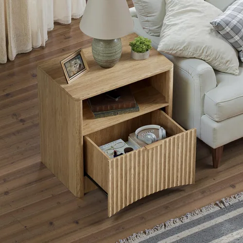 Miniatura 6 de Evermagin Mesita de noche acanalada, mesita de noche de roble natural con cajón y almacenamiento, mesa auxiliar de madera moderna de mediados