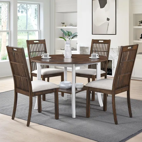 Miniatura 9 de Mesa de comedor redonda para 4-6 personas con estante de almacenamiento, base de madera maciza, diseño de dos tonos, mesa de cocina redonda ideal