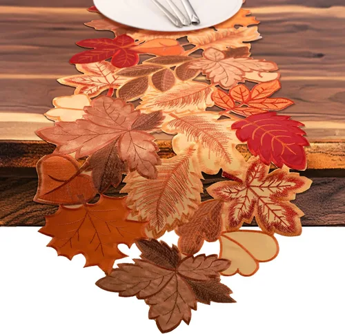 Miniatura 9 de Camino de mesa de otoño de 36 pulgadas de largo con hojas de arce bordadas para cosecha de Acción de Gracias, decoración de comedor con patrones