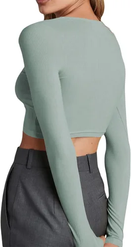 Miniatura 5 de Camiseta corta de punto acanalado de manga larga para mujer, cuello en V, ajuste delgado, con botones frontales, para otoño