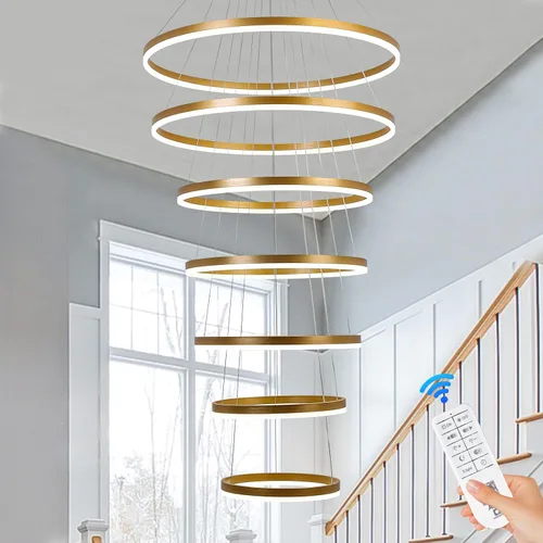 Miniatura 12 de Candelabro LED moderno de 5 anillos, color negro, regulable, de techo alto, para comedor con control remoto para vestíbulo, sala de estar, entrada