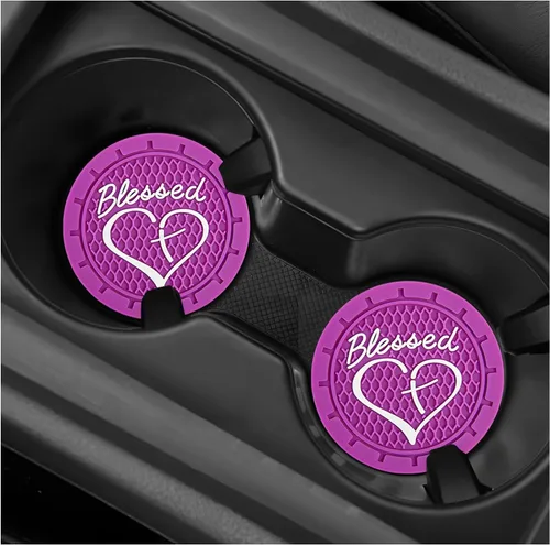 Miniatura 13 de 2 piezas posavasos para portavasos de automóvil, 2.76 pulgadas, PVC suave antideslizante, cruz bendita y corazón, posavasos cristianos para Negro