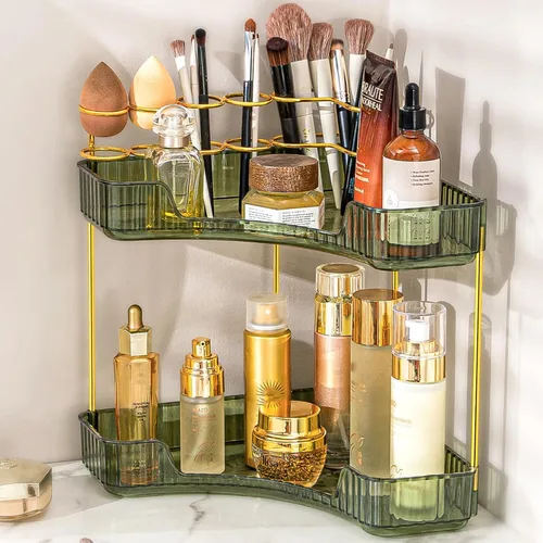 Miniatura 11 de NATURE'S SOURCE Organizador de maquillaje para tocador, organizador de baño de esquina de 2 niveles con soporte para brochas de maquillaje