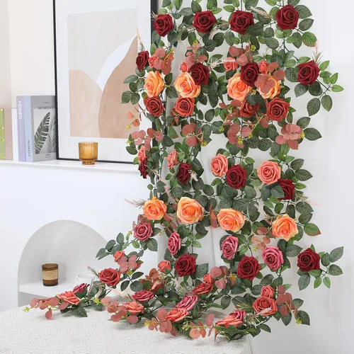 Miniatura 3 de Senseya Guirnalda de flores de rosas artificiales de 5 pies, vid floral falsa de terracota con hojas de rosa, guirnalda de flores rústicas