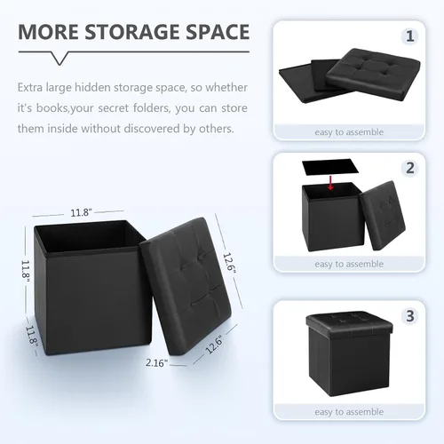 Miniatura 2 de B FSOBEIIALEO Cubo pequeño otomano de almacenamiento, reposapiés, asiento de piel sintética para dormitorio, color negro, 12.6 x 12.6 x 12.6