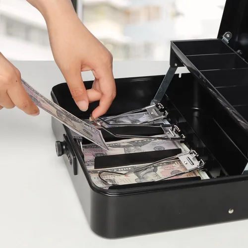 Miniatura 7 de Jssmst - Caja grande de seguridad para dinero con bandeja; caja de dinero de metal con cerradura de combinación y cable de seguridad, color negro