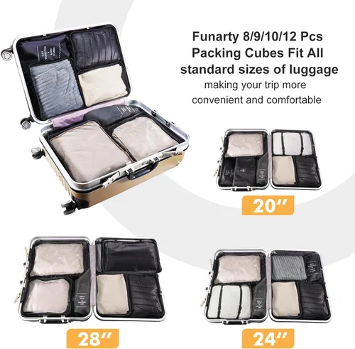 Miniatura 6 de Funarty Juego de 8 cubos de embalaje para maletas, cubos de compresión para equipaje de mano, bolsas organizadoras de equipaje para accesorios