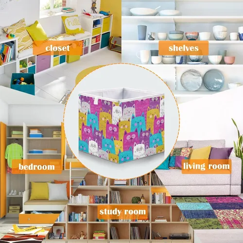Miniatura 6 de Kigai Lindos cubos de almacenamiento para gatos, 11 x 11 x 11 pulgadas, cesta de almacenamiento plegable grande de tela, organizador para juguetes