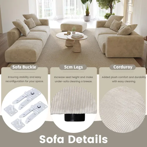 Miniatura 5 de WJShome Cloud Couch Sofá Seccional Modular, Sofá en Forma de L de 102 pulgadas con Otomana, Sofá de Pana Beige de 3 Asientos, Sofá Seccional