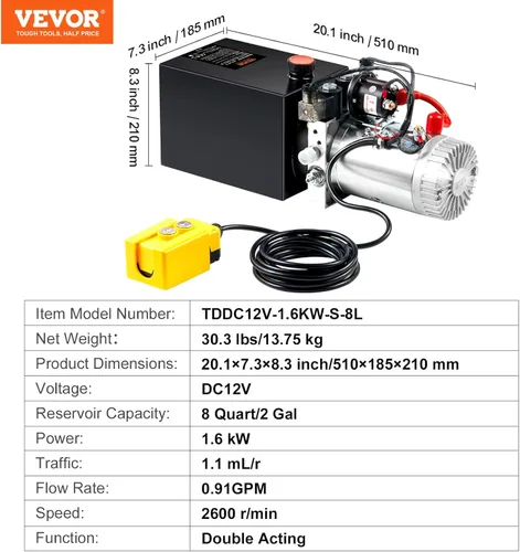 Miniatura 7 de VEVOR Unidad de Potencia Hidráulica de 8 Quart, Bomba de Remolque de Descarga de Doble Efecto, Tasa de Flujo de 0.91 GPM, Presión Máxima de Alivio