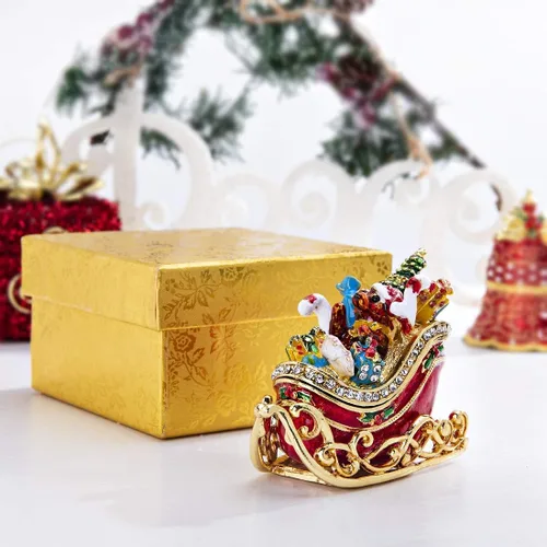 Miniatura 6 de YU FENG Caja de joyería de trineo de Navidad, caja de baratijas con bisagras coleccionables de diamantes de imitación pintados esmaltados esmaltados