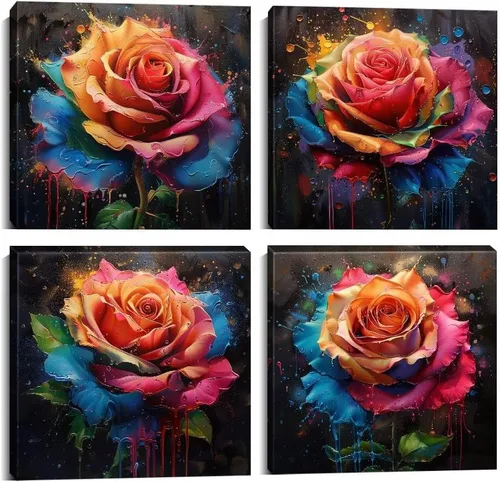 Miniatura 16 de Wall HDQ Arte de pared de flores para baño, dormitorio, sala de estar, decoración de pared azul y naranja, pintura floral, lienzo impreso, imagen