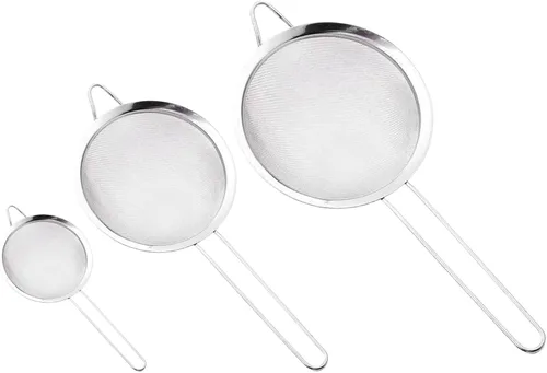 Juego de 3 coladores de malla fina de acero inoxidable (pequeño/mediano/grande) - Tamiz de metal con asa, ideal para arroz/jugo/quinua/harina,