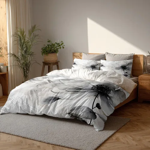 Batmerry Flowers Watercolor Twin Size 3 Pieces Bedding Duvet Cover Sets, Soft Fluffy Elegant Black White Flower Painting 100% Cotton Printed Duvet