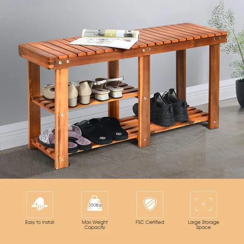 Miniatura 8 de Giantex Zapatero de 2 niveles con asiento, organizador de madera para pasillo, baño, sala de estar, estante de almacenamiento para pasillo