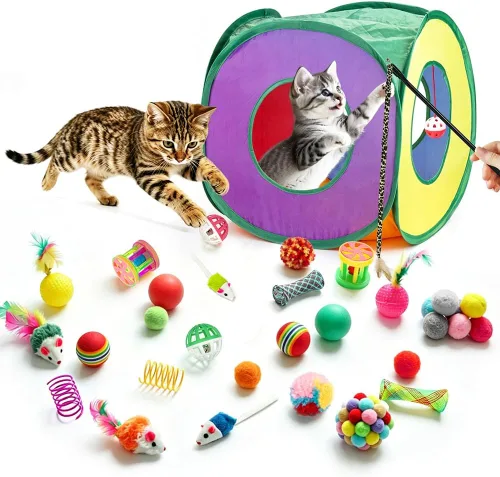 Retro Shaw Paquete de juguetes para gatos, 33 unidades, juguetes interactivos para gatitos de interior, gatos, túnel de juego plegable para gatitos,