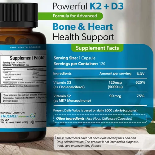Miniatura 2 de Suplemento de vitamina D3 K2 de 5000 UI (MK-7 90 mcg) – 120 cápsulas vegetales – Suplemento de vitamina K2 D3 para apoyo óseo, corazón e
