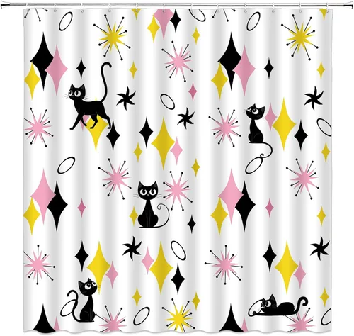 Miniatura 11 de GCTNBJL Mid Century Atomic Cat Shower Curtain Blue Pink Diamond Black Cat Stars Modern Abstract Geometric 1950s 1960s Retro 36x70(WxH) Inches