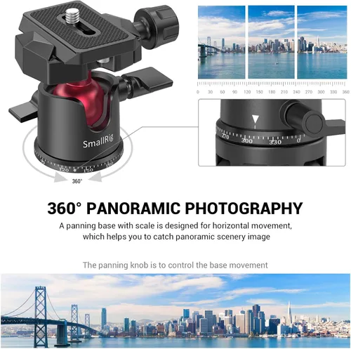 Miniatura 2 de SmallRig Mini Cabeza de Bola, Cabeza de Trípode para Cámara Panorámica 360° con Tornillo de 1/4" y Montaje de Rosca de 3/8" y Placa de Liberación