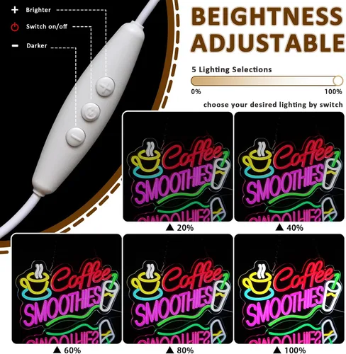 Miniatura 3 de Letrero de Neón de Café y Batidos para Decoración de Pared, Letreros LED de Batidos para Negocios, Luces de Neón USB Regulables de 16.54" x 9