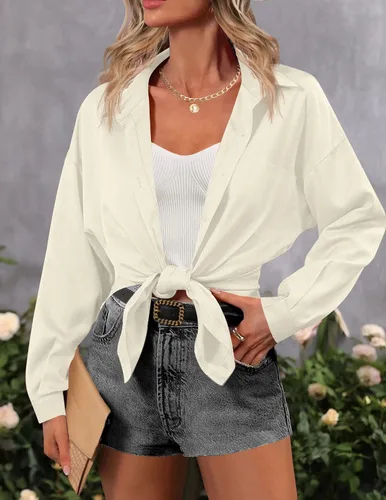 Miniatura 2 de HOTOUCH Camisas de gran tamaño con botones para mujer, blusa de hombro caída para oficina, de manga larga, estilo novio, camisa de vestir