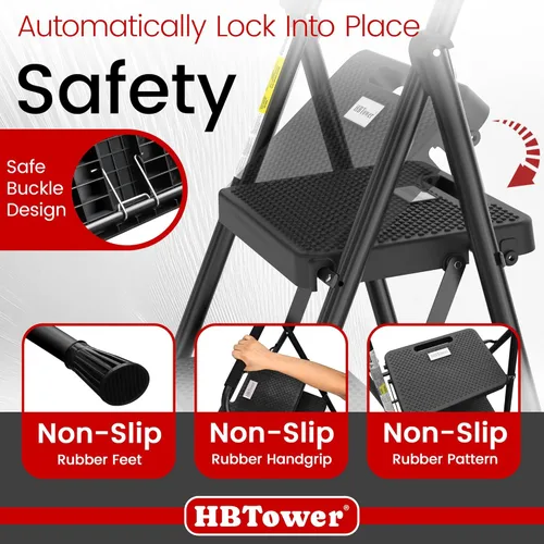 Miniatura 2 de HBTower Escalera de escalones. Taburete plegable con escalón ancho antideslizante, escalera de acero resistente, con un práctico pasamanos, ligera