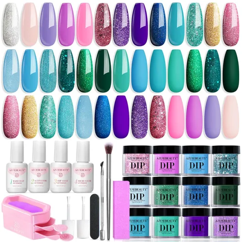 Miniatura 13 de AzureBeauty Kit de iniciación de polvo de inmersión para uñas, color azul, rojo, verde, purpurina, 31 piezas, 20 colores, polvo de inmersión