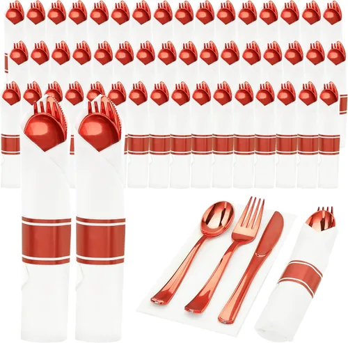 Miniatura 7 de Goodluck Juego de 50 cubiertos de plástico preenrollados negros, juego de cubiertos envueltos con 50 tenedores, 50 cuchillos, 50 cucharas y 50