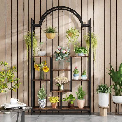 Miniatura 8 de Tribesigns Soporte alto para plantas de interior de 5 niveles, estante de flores de metal arqueado de 74.8 pulgadas con ganchos para colgar, estante
