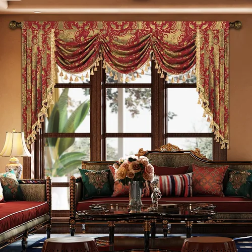 Miniatura 20 de Loom and Mill Cenefa de cascada de lujo de jacquard para sala de estar, elegantes cenefas de ventana con festones y cuentas damascadas, cortinas