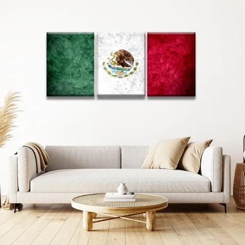 Miniatura 2 de Arte de pared con bandera de México para sala de estar, pintura de pared con textura envejecida y colorida de la bandera de México, 3 piezas