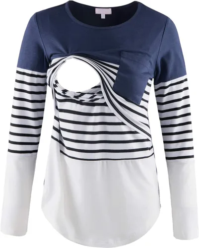 Miniatura 24 de Bhome Camiseta de lactancia con bloque de color de manga corta para lactancia materna camisa de embarazo con bolsillo