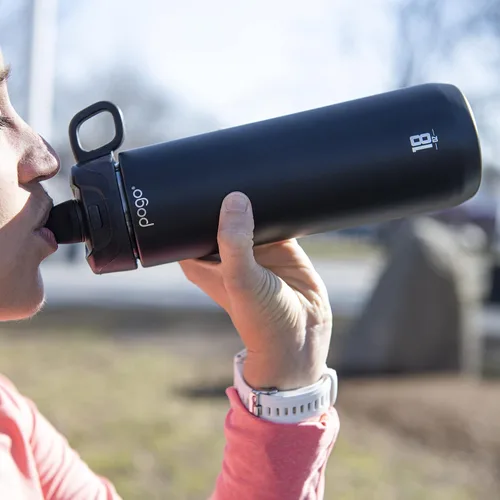 Miniatura 5 de Pogo Botella de agua activa de acero inoxidable aislada al vacío con tapa a prueba de fugas y asa de transporte de silicona, recubrimiento en polvo